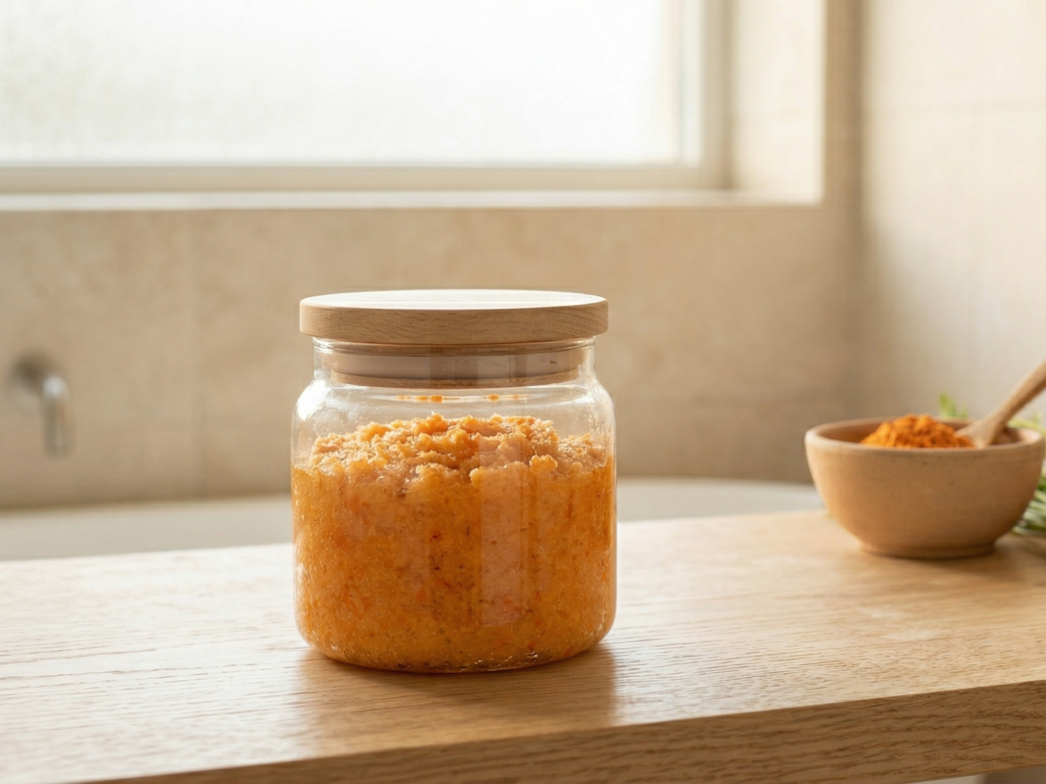 Burkānu un apelsīnu ķermeņa skrubis — dabīgs cukura skrubis ar burkānu pulveri un persiku kauliņu eļļu stikla burkā