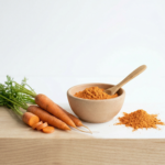 Burkānu pulveris kosmētikai — dabīgs oranžs pulveris bļodiņā, beta-karotīna avots DIY kosmētikas receptēm