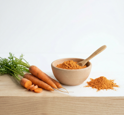 Burkānu pulveris kosmētikai — dabīgs oranžs pulveris bļodiņā, beta-karotīna avots DIY kosmētikas receptēm