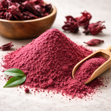 Hibiska ziedu pulveris kosmētikai – tumši sarkans pulveris kaudzītē ar koka lāpstiņu, kaltētiem hibiska ziediem un zaļām lapām